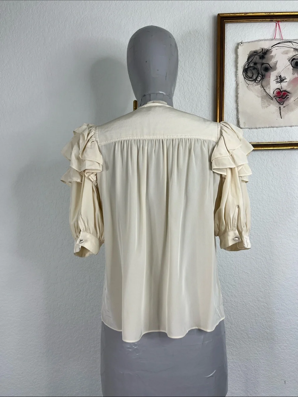 Ulla Johnson Nova Covered Button Yoke Ruffle Sleeve Silk Top Bone